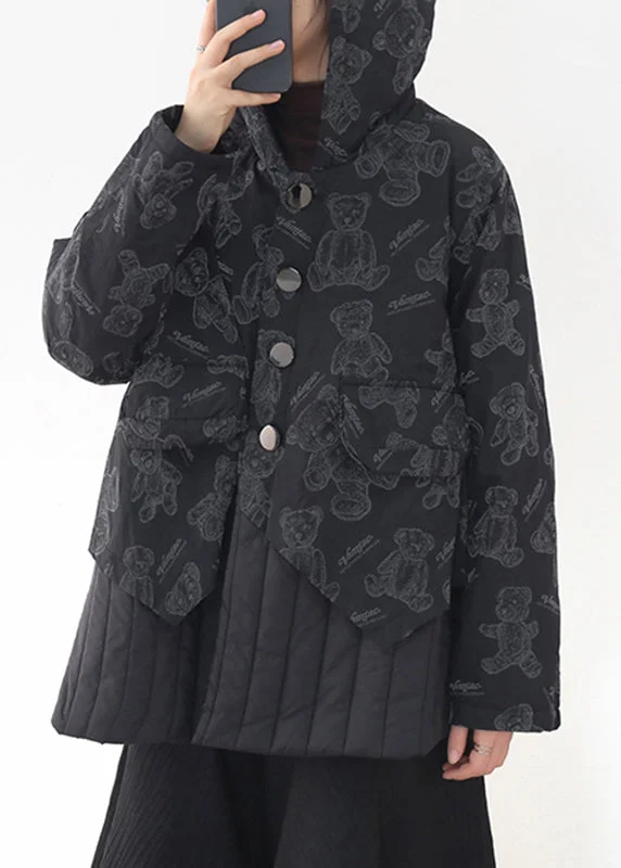 Casual Garments For Women Fashion Black Button Patchwork Print Pockets Hooded Parka Long Sleeve