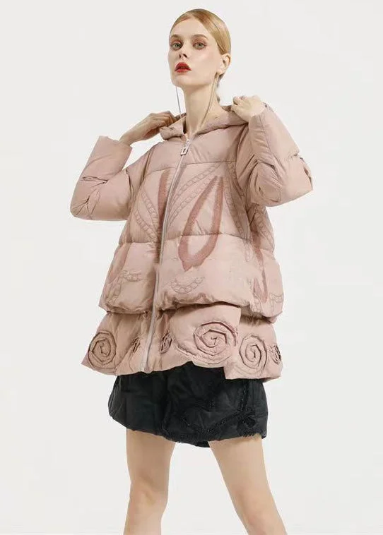 Women's Evening Clothing Beautiful Pink Hooded Embroidery Patchwork Duck Down Coat Winter