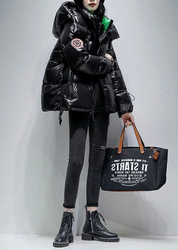 Stylish Women's Apparel Women Black Hooded Drawstring Streetwear Duck Down Down Coat Winter