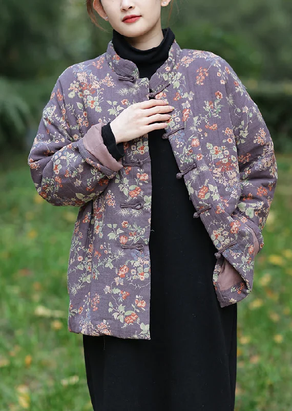 Sustainable Fashion Clothing For Women Vintage Purple Print Cotton Filled Parka Long Sleeve