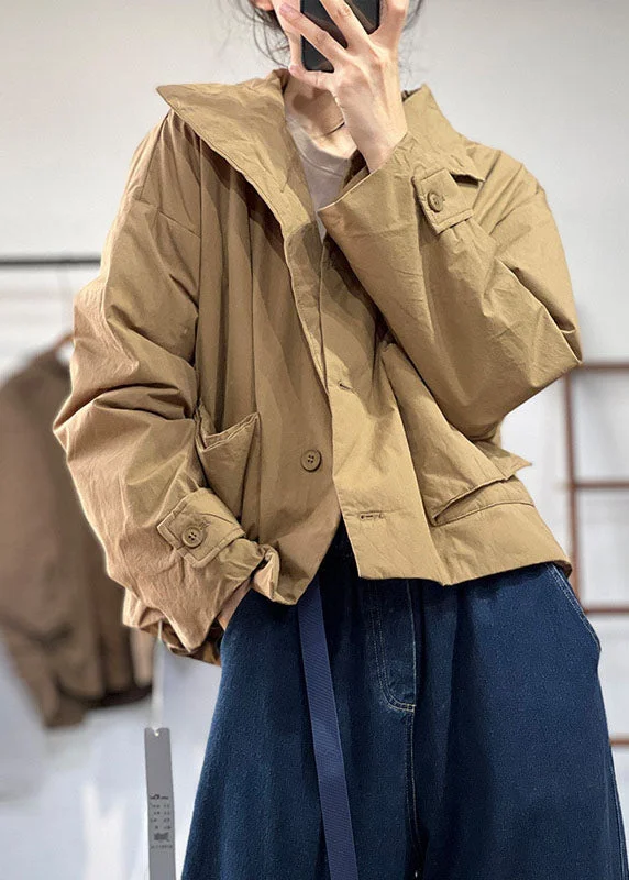 Women's Stylish Professional Garments Simple Khaki Peter Pan Collar Oversized Solid Color Fine Cotton Filled Jackets Winter