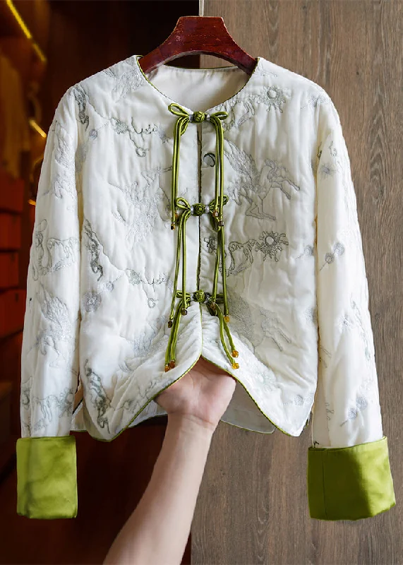 Women's Trendy Casual Outfit Chinese Style White Embroideried Button Silk Velour Parka Long Sleeve