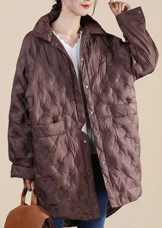 Women's Casual Clothing For Lounging Chocolate Stand Collar Button Loose Winter Puffers Long Down Jacket