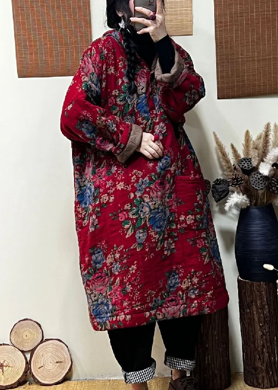 Women's Evening Clothes Loose Red Hooded Print Fine Cotton Filled Long Coats Winter