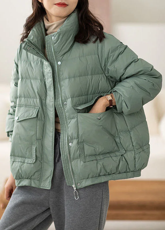 Women's Classic Outfit Chic Light Green Stand Collar Zip Up Pockets Duck Down Puffers Jackets Winter