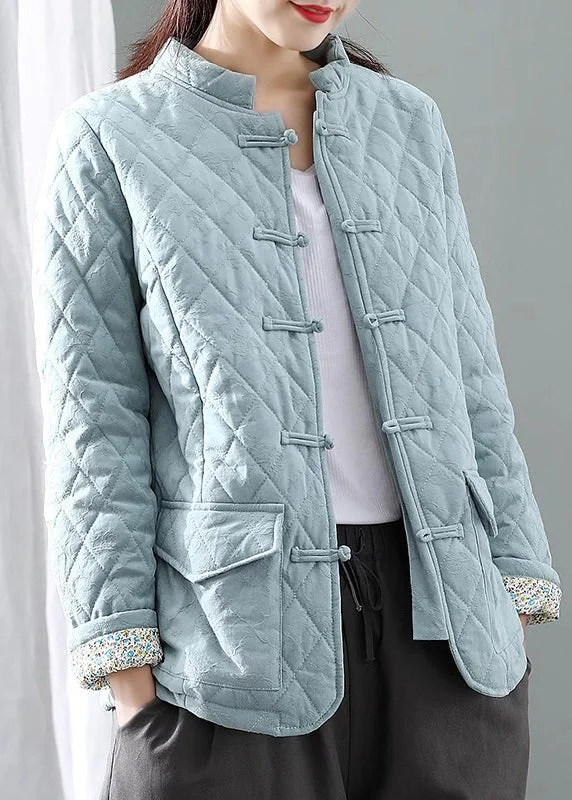 Women's Work Outfit New Sky Blue Button Pockets Patchwork Thick Parka Long Sleeve