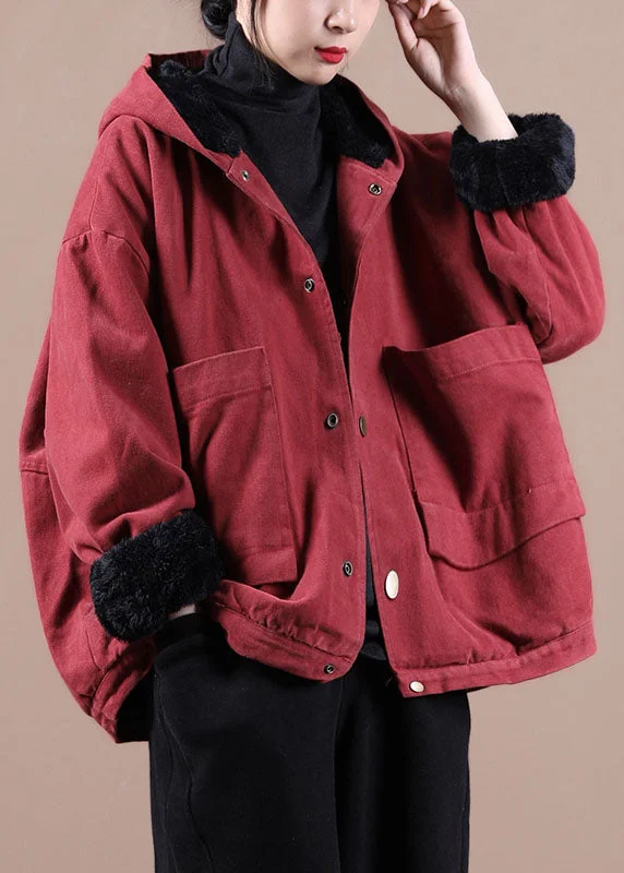 Refresh Your Wardrobe With Our Fashion Deals Art Red Hooded Pockets Warm Fleece Coat Winter