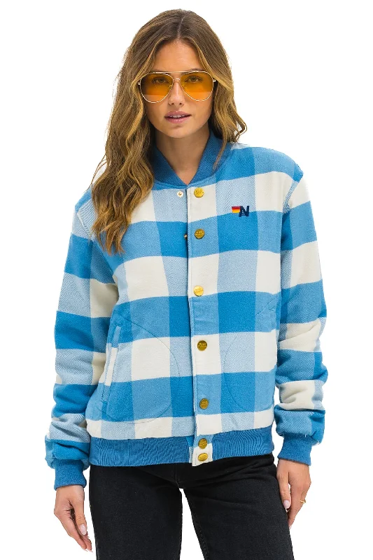 Women's Outfit For The Office PLAID UNISEX VARSITY JACKET - SKY PLAID