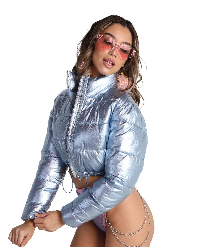 Don't Miss Out – Your Favorite Fashion Pieces On Sale Fractal Fantasies Metallic Cropped Puffer Jacket