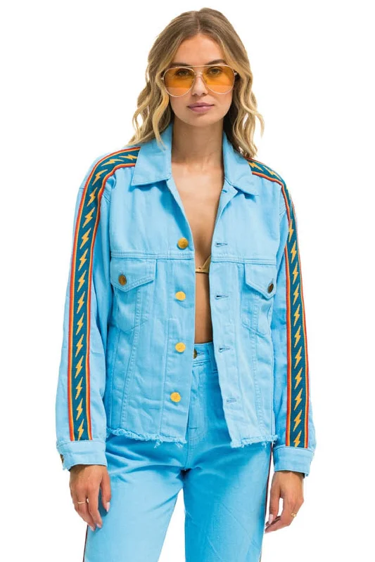 Women's High-Fashion Garments BOLT STRIPE OVERSIZED CUTOFF DENIM JACKET - SKY