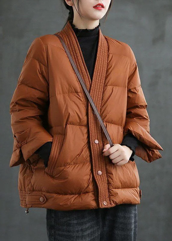 Women's Occasion Wear Clothes Caramel V Neck Button Thick Winter Duck Down Jackets