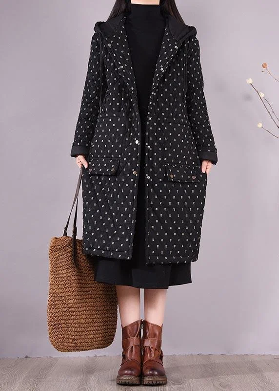 Charming Women's Holiday Apparel Loose Fitting Coats Black Hooded Pockets Casual Outfit