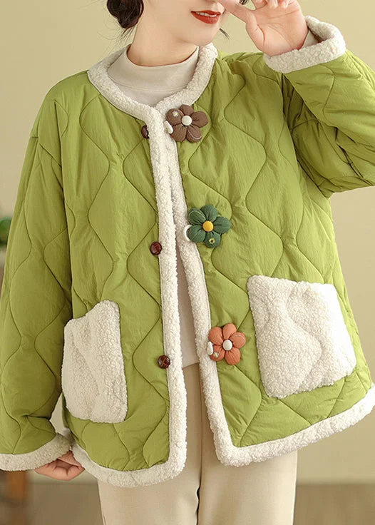 Women's Clothes And Garments Boutique Green O Neck Pockets Fleece Wool Lined Jackets Winter