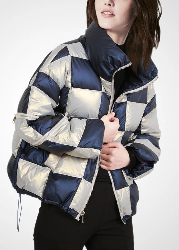 Women's Stylish Casual Garments French Colorblock Stand Collar Zip Up Drawstring Plaid Duck Down Puffer Jacket Winter