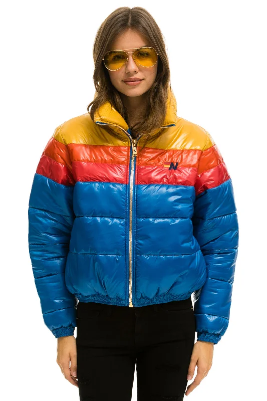 Women's Elegant Formal Outfit COLOR BLOCK LUXE APRES PUFFER JACKET -  GLOSSY SNORKEL BLUE