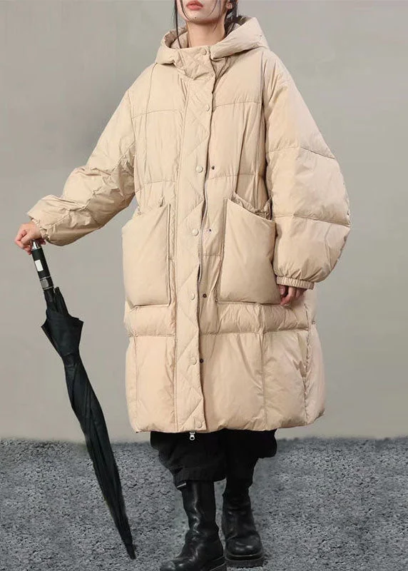 Casual Garments For Women Plus Size Beige Hooded Solid Pockets Duck Down Winter Coats