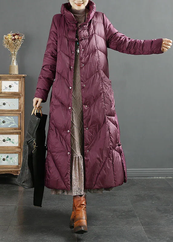 Women's Transitional Apparel Style Purple Stand Collar Solid Lengthen Duck Down Puffer Jacket Winter