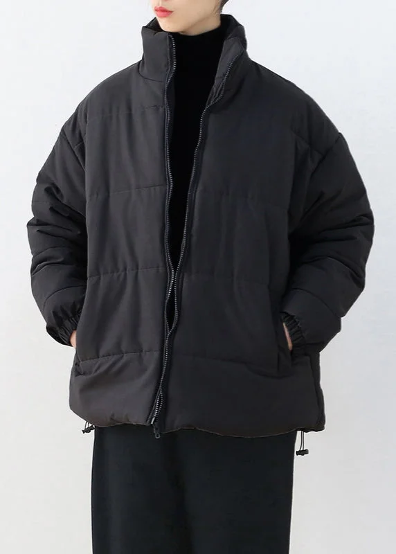 Refresh Your Wardrobe With Exclusive Discounts Black Stand Collar Drawstring Thick Parka Winter