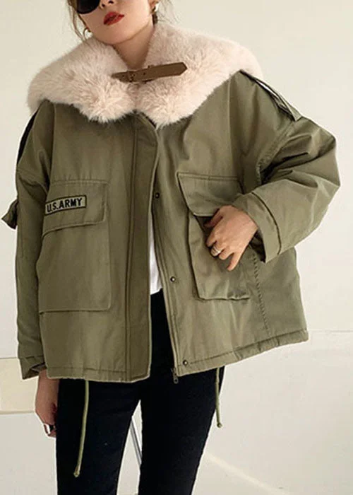 Women's Occasion Wear Clothing Green Fox collar Pockets Fine Cotton Filled Winter Coat