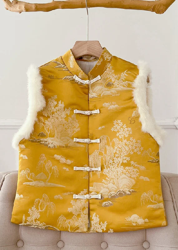 Women's Elegant Formal Outfit Original Yellow Button Fluffy Silk Sleeveless Waistcoat Stand Collar