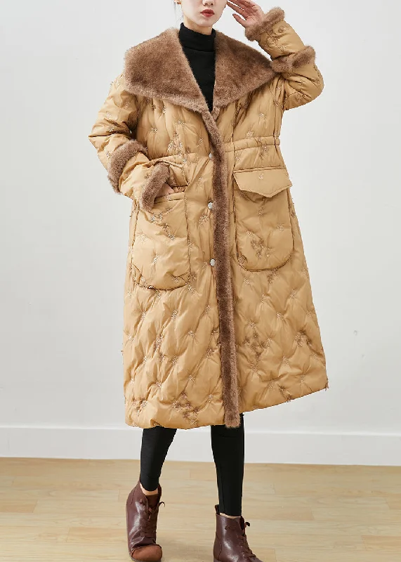 Women's Formal Event Outfit Fashion Khaki Embroideried Patchwork Mink Hair Duck Down Canada Goose Jacket Winter