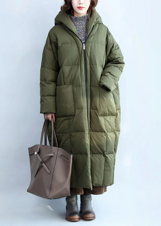 Women's Relaxed Outfit Boutique Army Green Hooded Zippered Pockets Duck Down Puffer Coat Winter