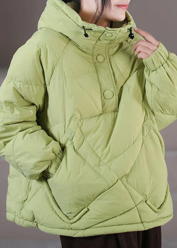 Women's Comfortable Garments Plus Size Light Green Hooded Drawstring Duck Down Pullover Jackets Winter