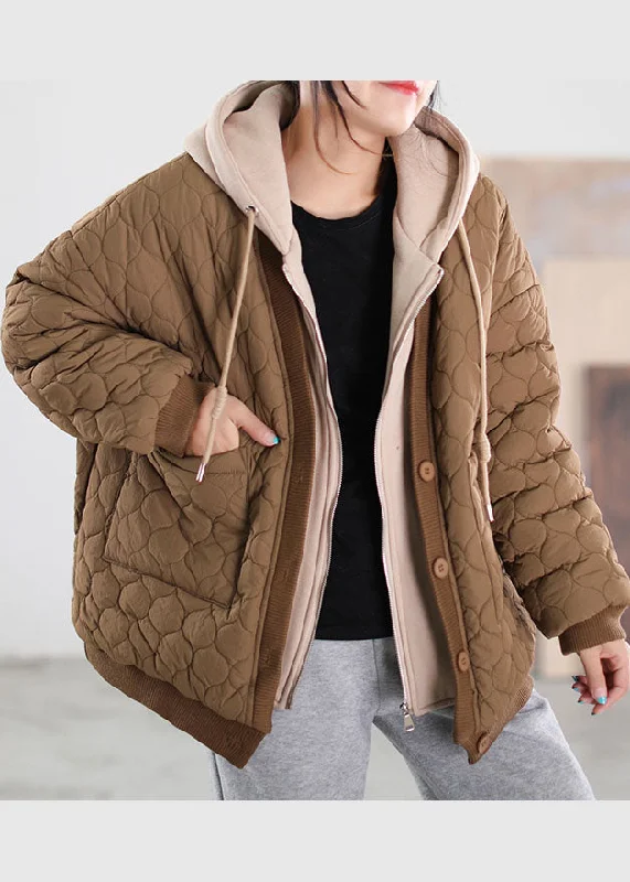 Women's Travel Apparel French Coffee Hooded Patchwork Fine Cotton Filled Winter Coats