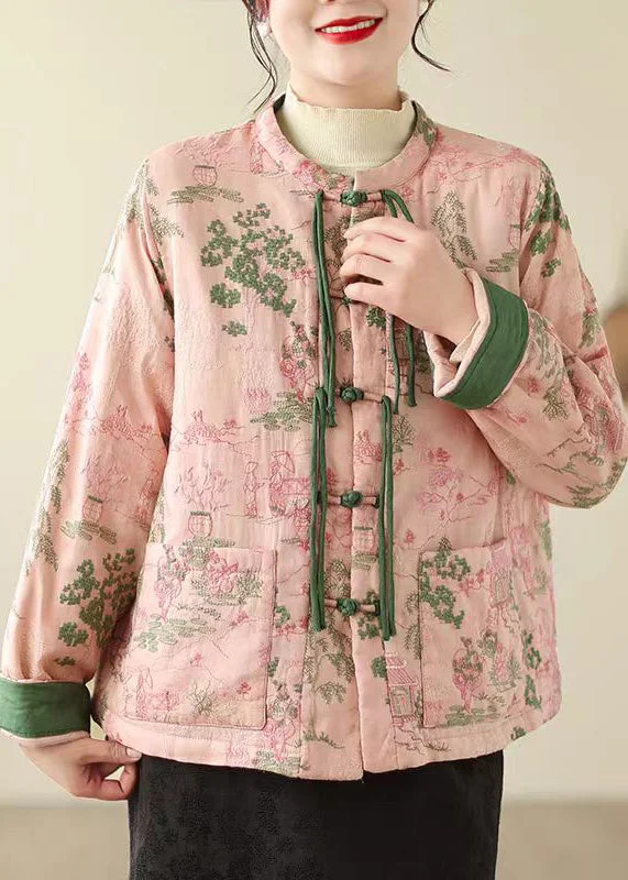 Women's Stylish Outdoor Outfit Vintage Pink Tasseled Embroideried Pockets Fine Cotton Filled Jacket Winter