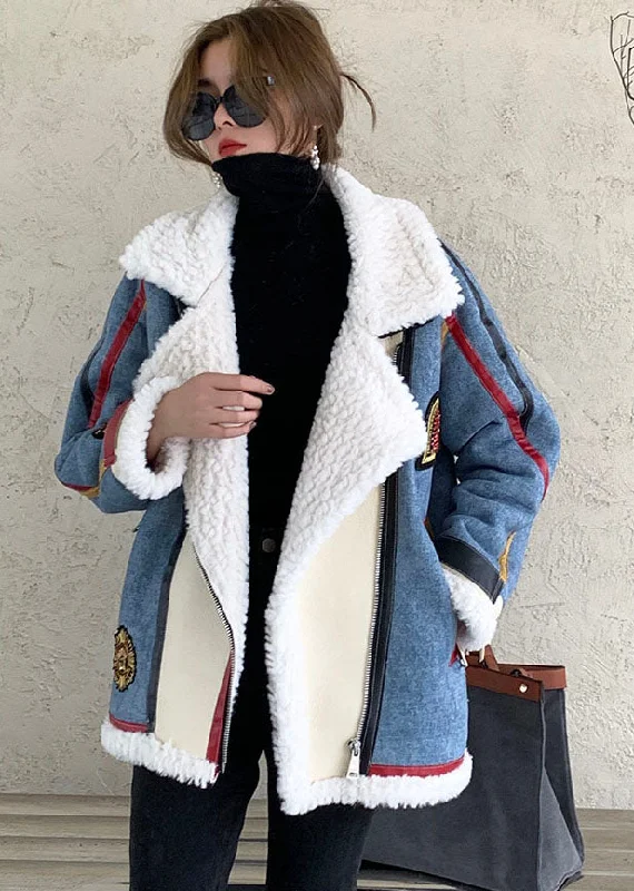 Tailored Clothing For Women French Blue Zip Up denim Patchwork Faux Fur Winter Coat