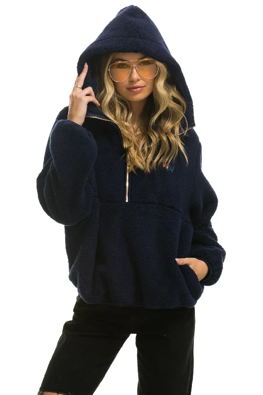 Women's Travel Garments TEDDY UNISEX HOODED HALF ZIP JACKET - NAVY