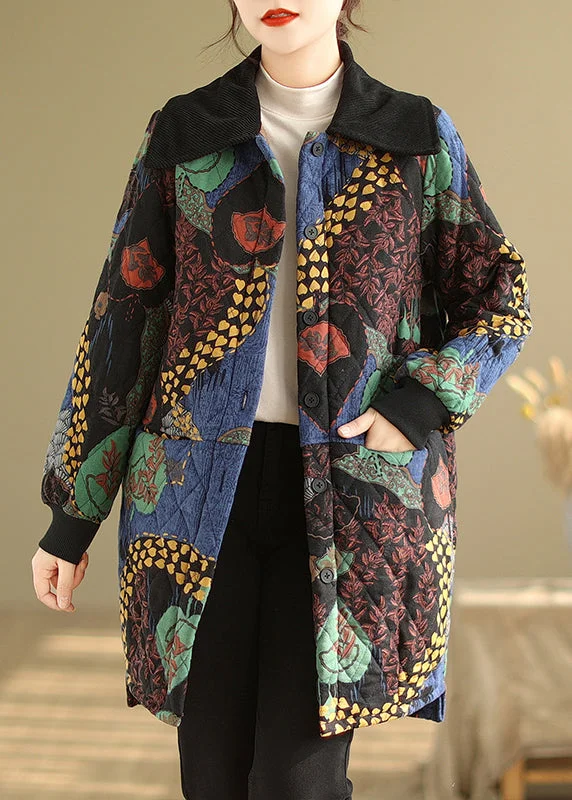 Women's Formal Event Outfit Boho Floral Pockets Thick Warm Fine Cotton Filled Coat Winter