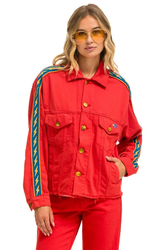 Women's Apparel And Garments BOLT STRIPE OVERSIZED CUTOFF DENIM JACKET - RED