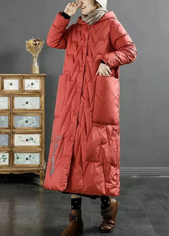 Women's Chic Outerwear Garments Italian Red Hooded Embroideried Solid Duck Down Down Coats Winter