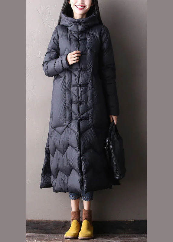 Affordable Women's Garments Chic Black hooded Pockets Oriental Duck Down Winter Warm Down Coat