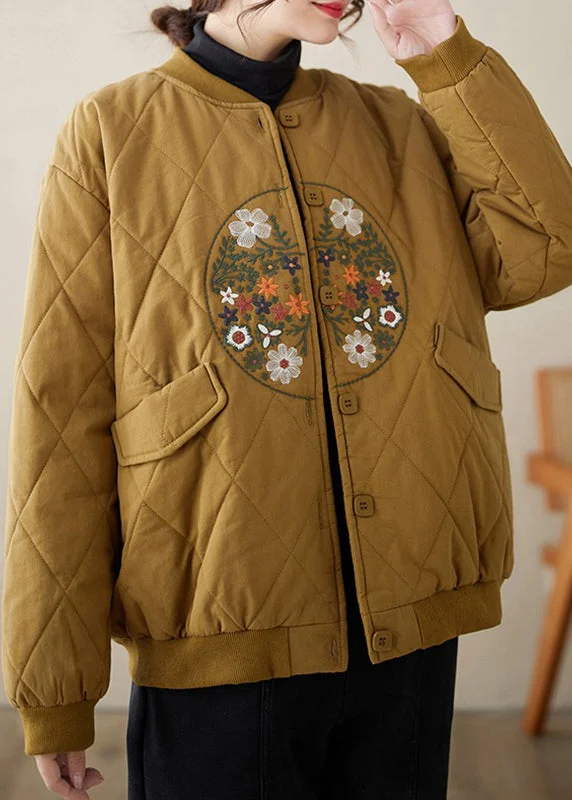 Women's Night-Out Clothes Loose Khaki Embroidered Button Pockets Thick Coats Winter