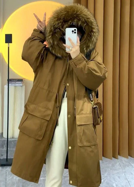 Seasonal Clearance Sale – Big Savings On Trendy Looks Art Caramel Raccoon Hair Collar Drawstring Pockets Womens Parka Winter