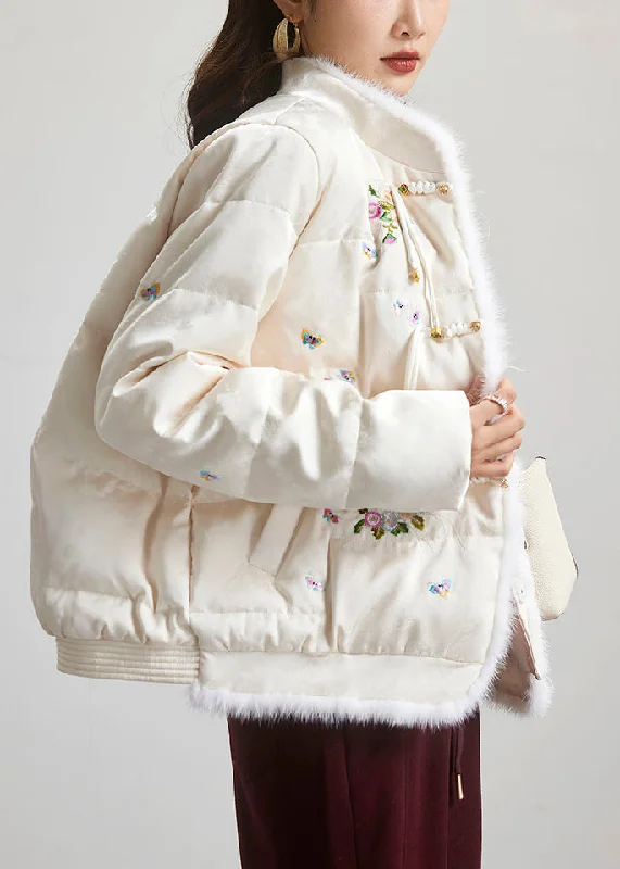 Women's Plus-Size Apparel Chinese Style Beige Embroideried Button Duck Down Parka Long Sleeve