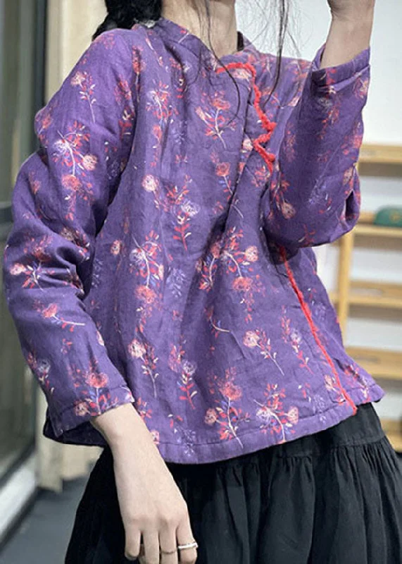 Trendy Athleisure Clothing For Women Chic Purple Stand Collar Print Fine Cotton Filled Coats Winter