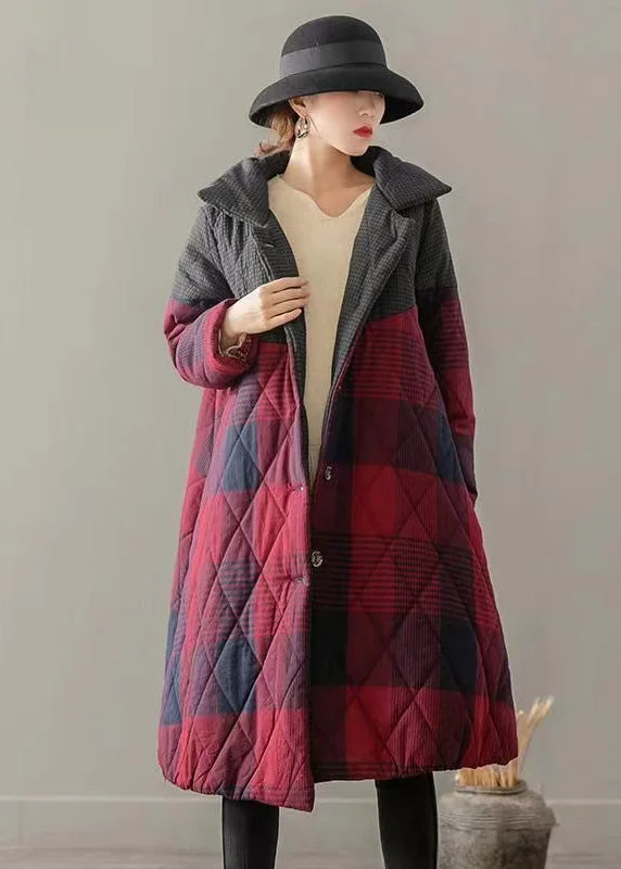 Women's Clothes For Work Vintage Red Pockets Plaid Patchwork Fine Cotton Filled Coats Winter