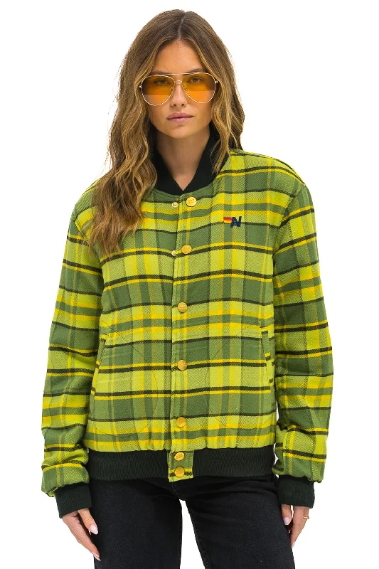 Timeless Women's Garments PLAID UNISEX VARSITY JACKET - AVOCADO PLAID