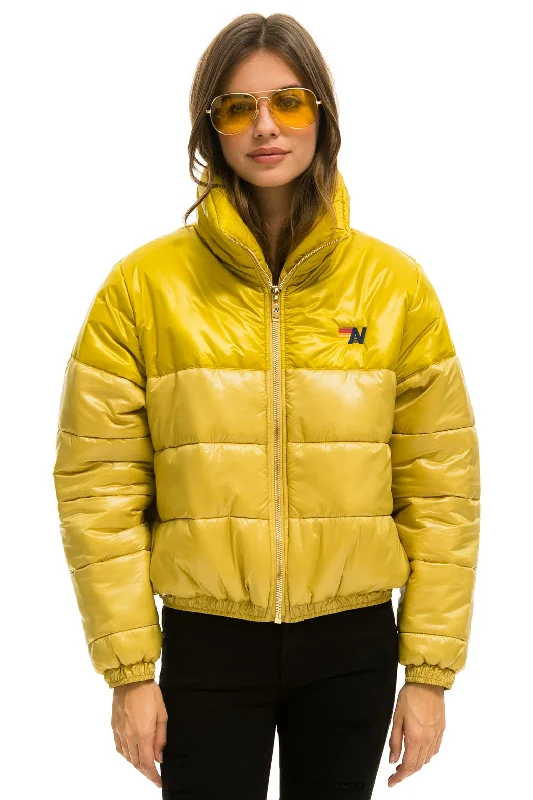 Women's Stylish Casual Garments COLOR BLOCK HALF AND HALF APRES PUFFER JACKET - HONEY GLOSSY