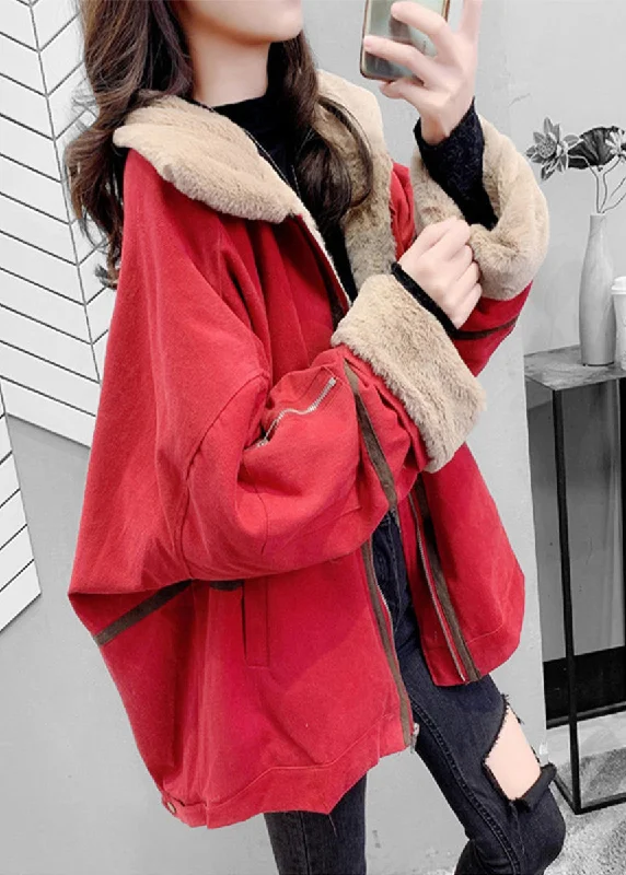 Women's Trendy Garments Loose Red Peter Pan Collar Zippered Warm Fleece Parka Winter