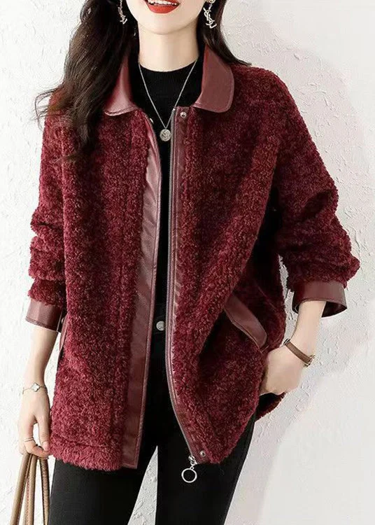 Women's Workout Clothing Loose Wine Red Zippered Patchwork Teddy Faux Fur Coat Winter