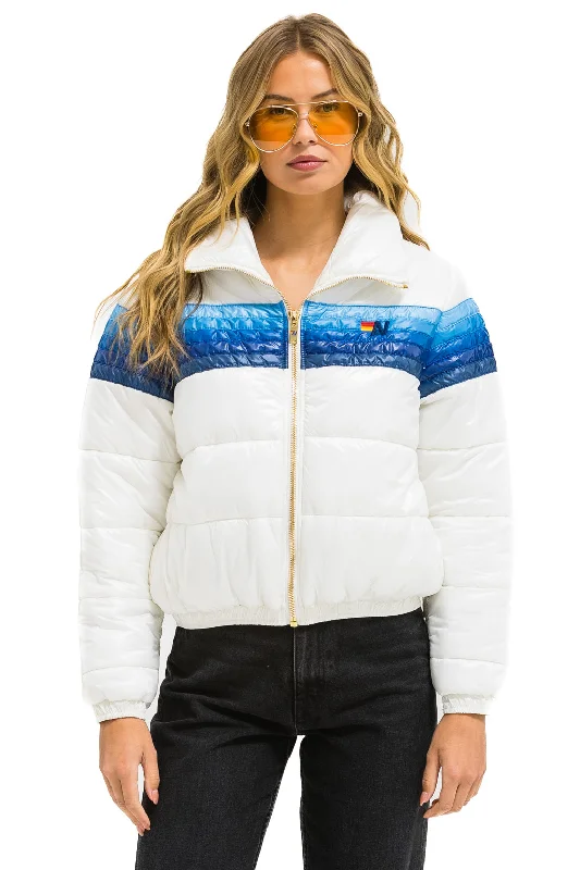 Vintage-Inspired Women's Apparel 5 STRIPE LUXE APRES PUFFER JACKET - GLOSSY WHITE // BLUE STRIPES