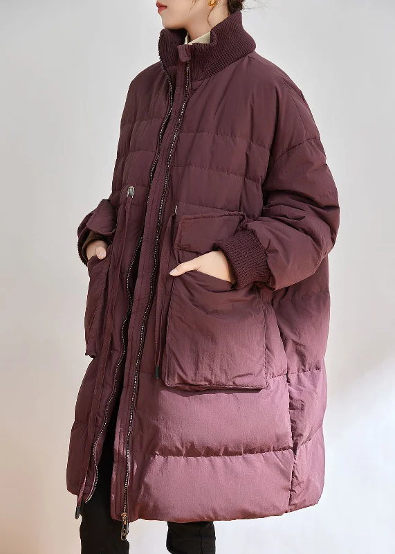 Women's Vacation Outfit Set Casual Purple Stand Collar Zippered Duck Down Down Coat Winter