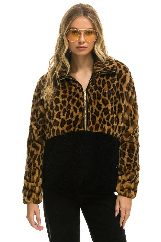 Women's Holiday Apparel TEDDY UNISEX HALF ZIP COLOR BLOCK JACKET - CHEETAH