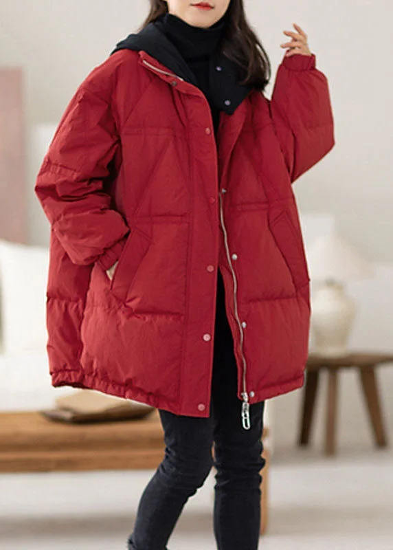 Women's Professional Outfit Plus Size Red Hooded Patchwork Duck Down Puffers Jackets Winter