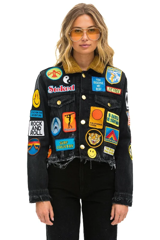 Charming Women's Holiday Apparel VINTAGE PATCH UNISEX CROP DENIM JACKET - VINTAGE BLACK