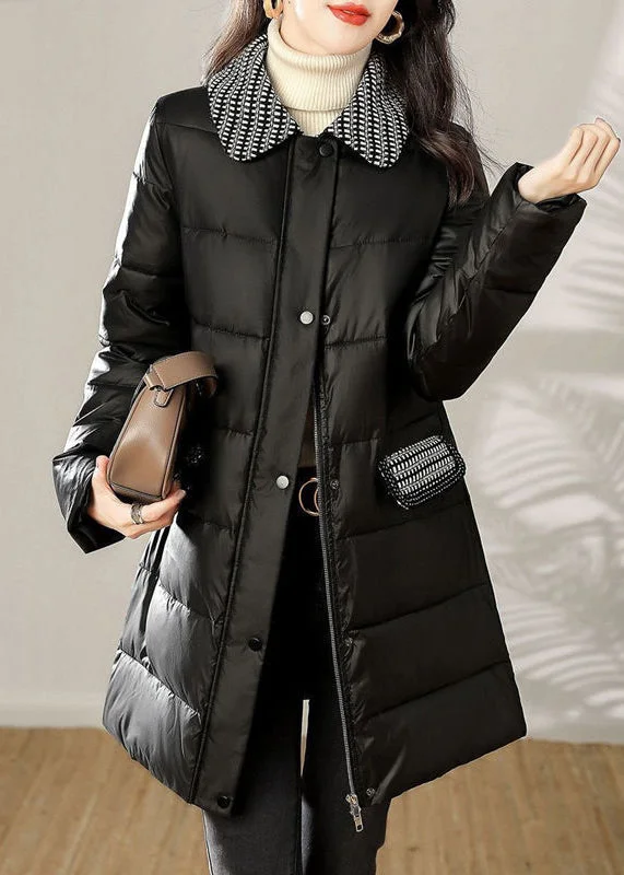 Women's Casual Wear Clothing Loose Black Zip Up Tie Waist Patchwork Cotton Filled Coat Winter